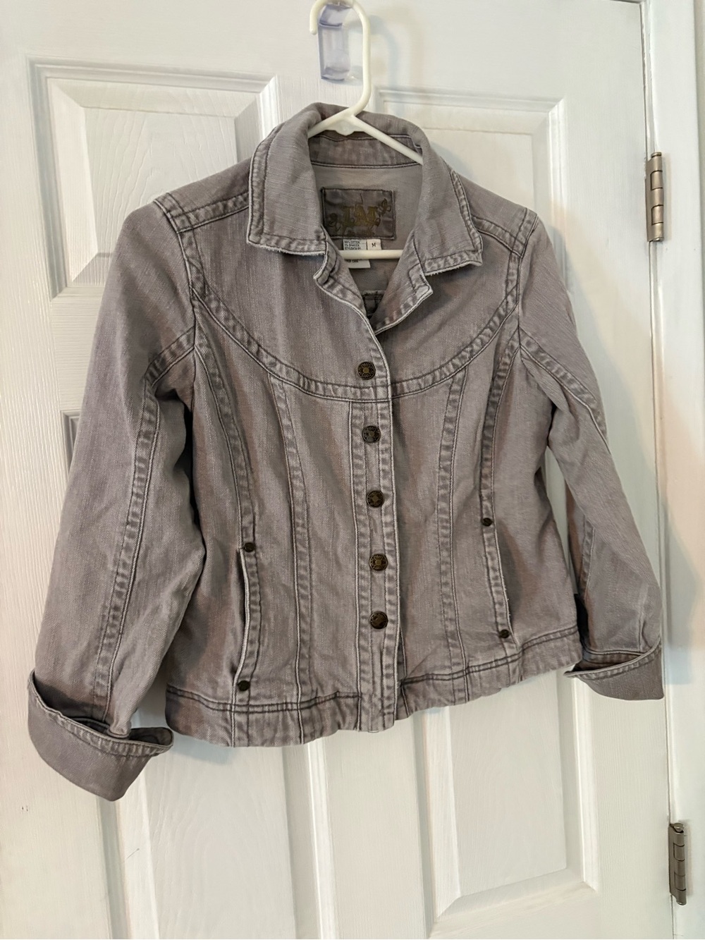Gray Stretch Denim Jacket Medium Y2K Fitted Button Front - Picture 3 of 7